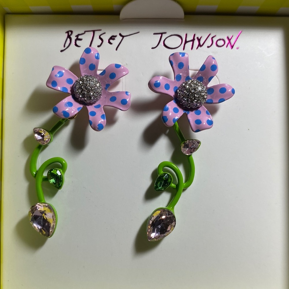 Betsy Johnson earrings new in box flower with dangling vine.